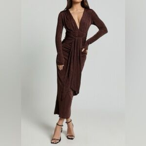 BRAND NEW Brown Showpo. Melanie midi dress - plunge long sleeve tie front dress